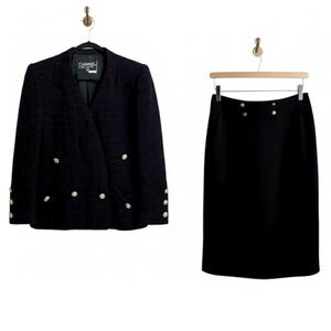 Authentic Vintage 1980s Chanel Boutique Wool Tweed Suit Set Navy Size 36 Small